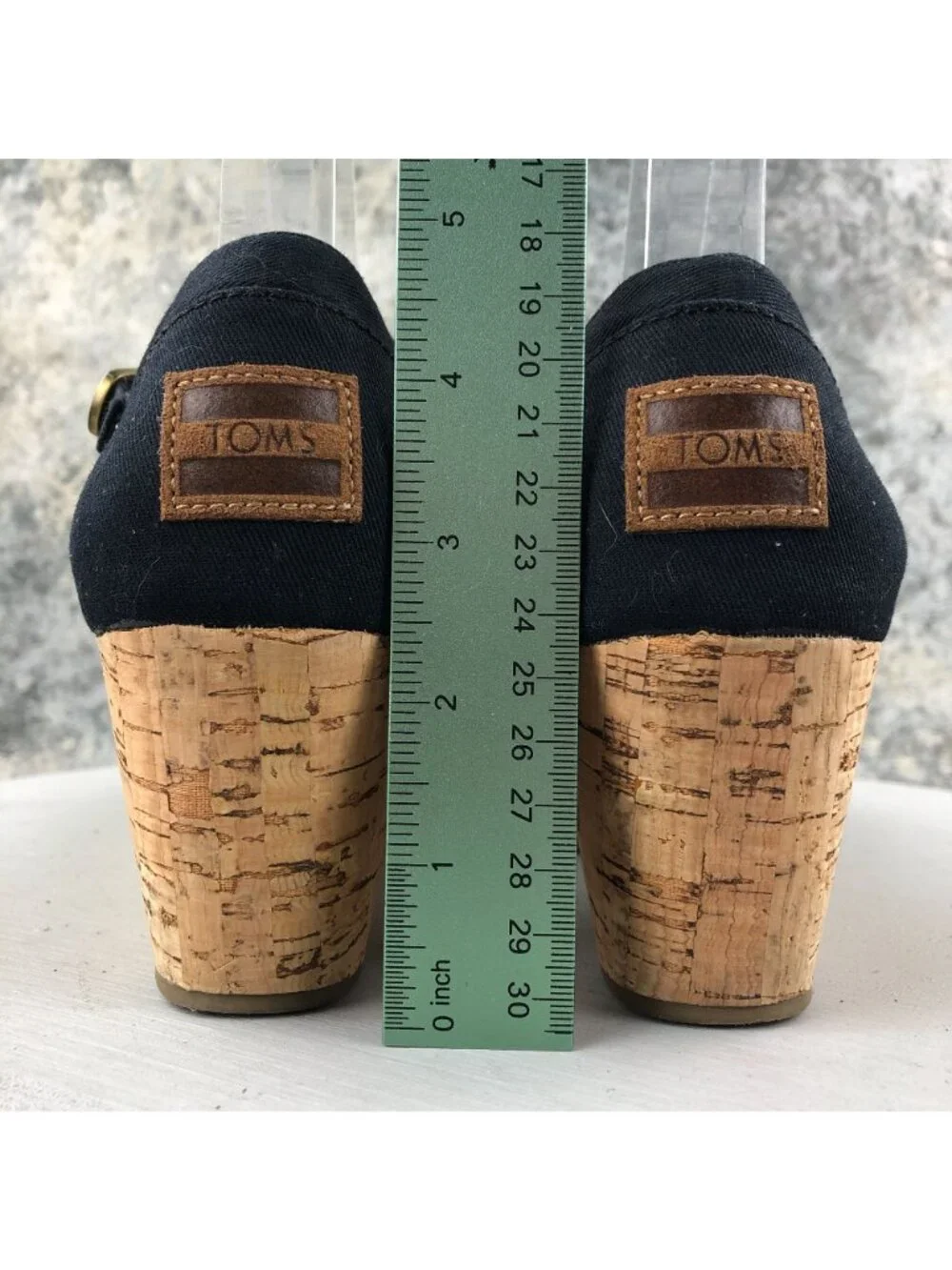 Toms Women's Size 8.5 Black Open Toe Ankle Strap High Heel Cork Wedges Sandals